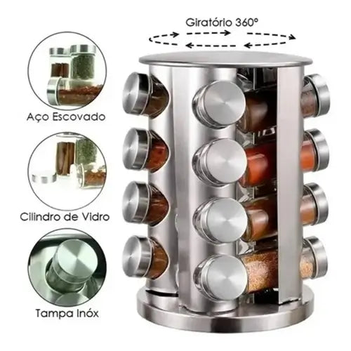 Porta Tempero / Condimentos Giratório +16 Potes de Vidro com Tampa Inox - Nossa Casa Completa