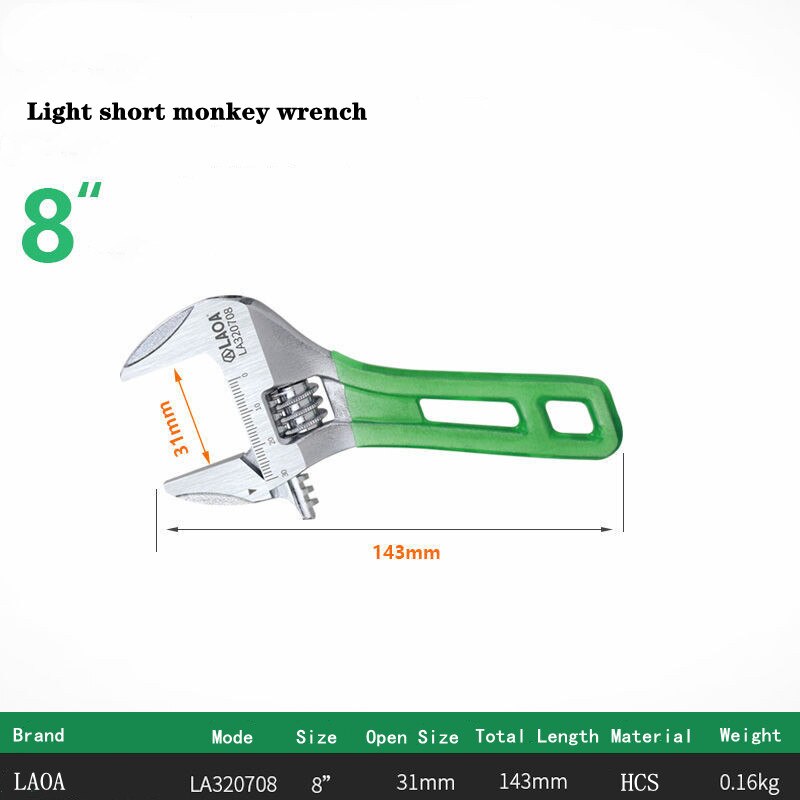 LAOA 6/8/10/12inch Wrench Short Handle Adjustable Spanner Monkey Spanner HCS Material Laser Scale Rubber Wrapped - Nossa Casa Completa