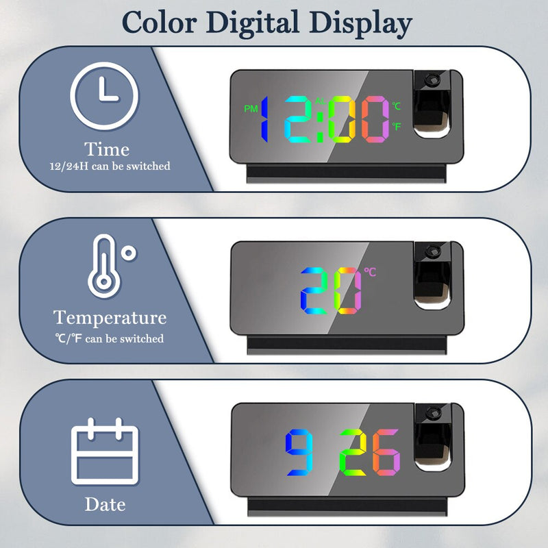 LED Digital Electronic Alarm Clock Ceiling Projector with 180° Rotatable Projection Time USB Desktop Bedroom Bedside Mute Clock