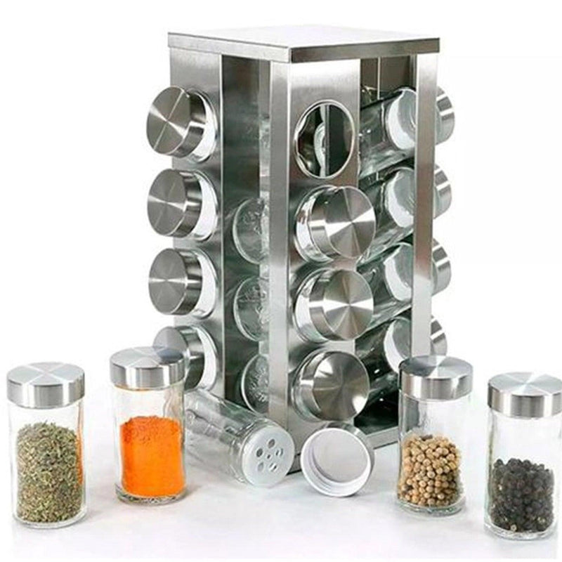 Porta Tempero / Condimentos Giratório +16 Potes de Vidro com Tampa Inox - Nossa Casa Completa