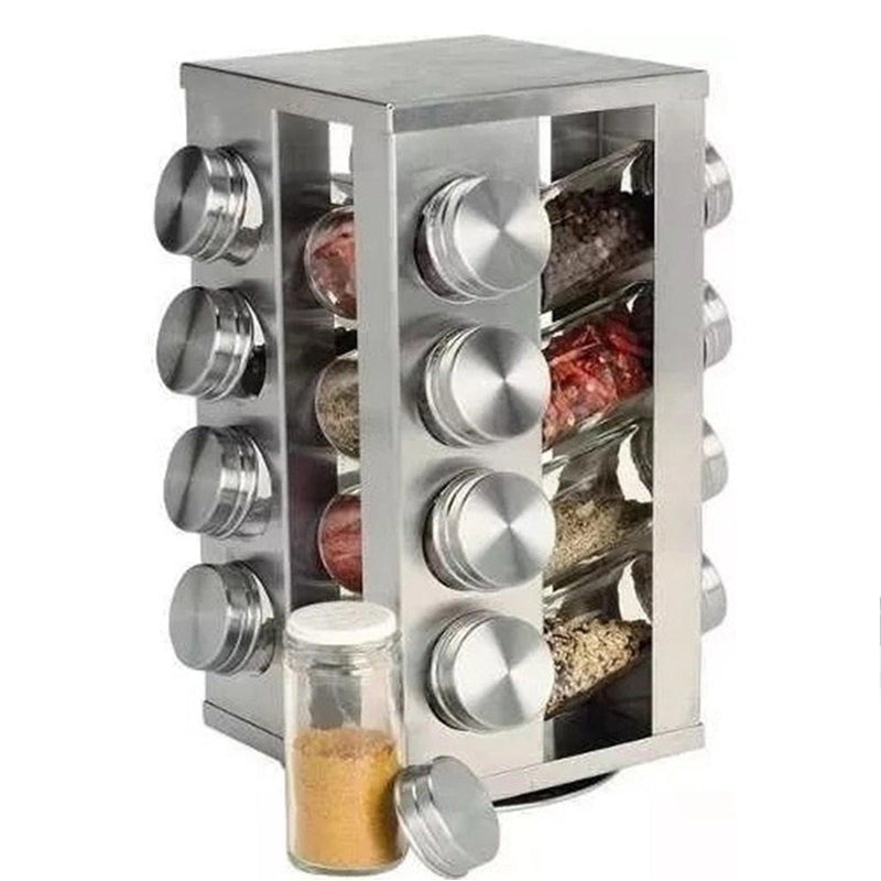 Porta Tempero / Condimentos Giratório +16 Potes de Vidro com Tampa Inox - Nossa Casa Completa
